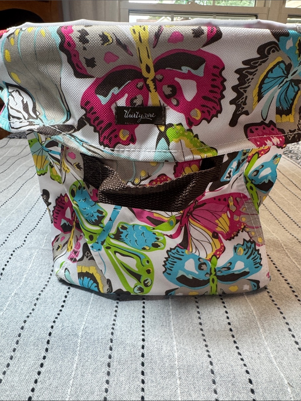thirty-one Butterfly Print Bucket Tote in White, Pink, Blue, Green, Yellow